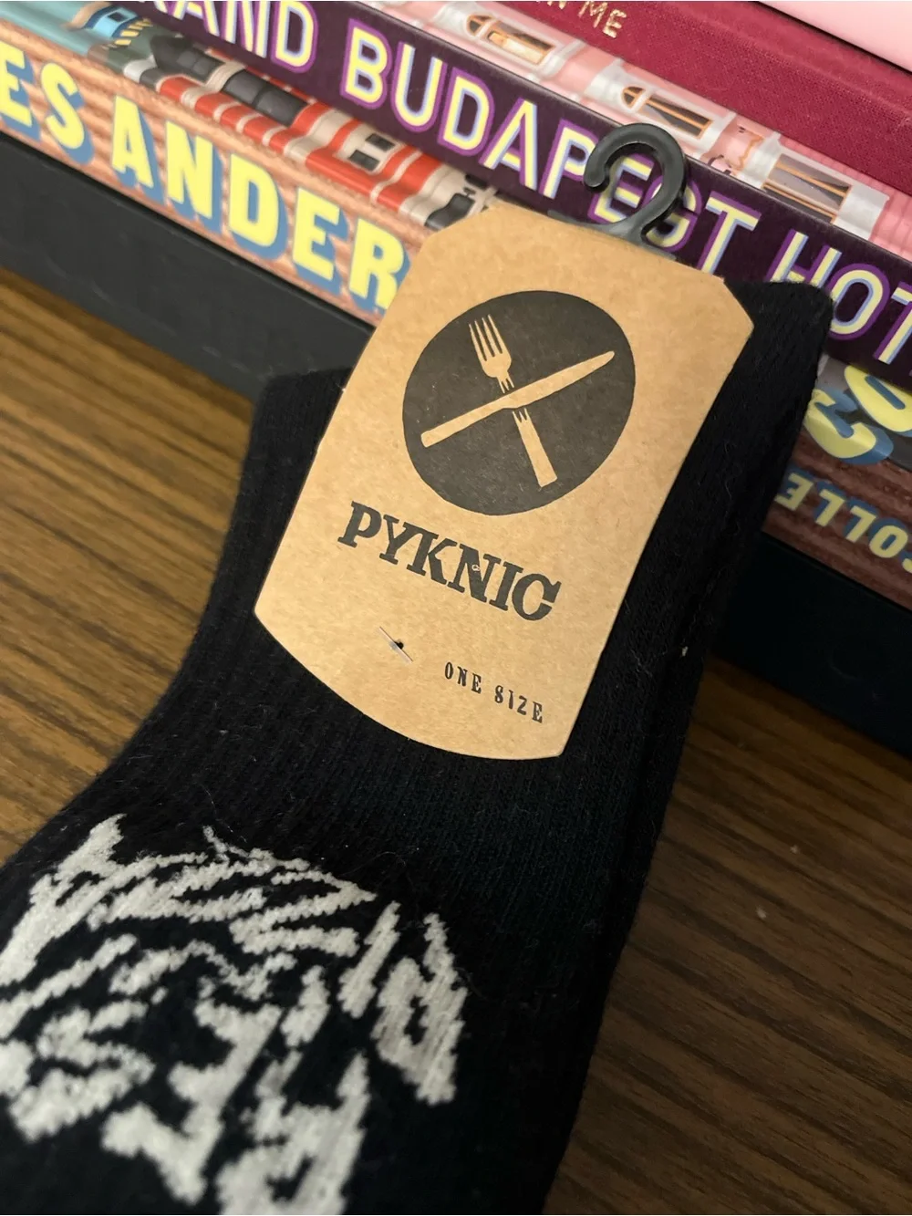 Black Crew Socks with White Graphic “Rest In Pizza”